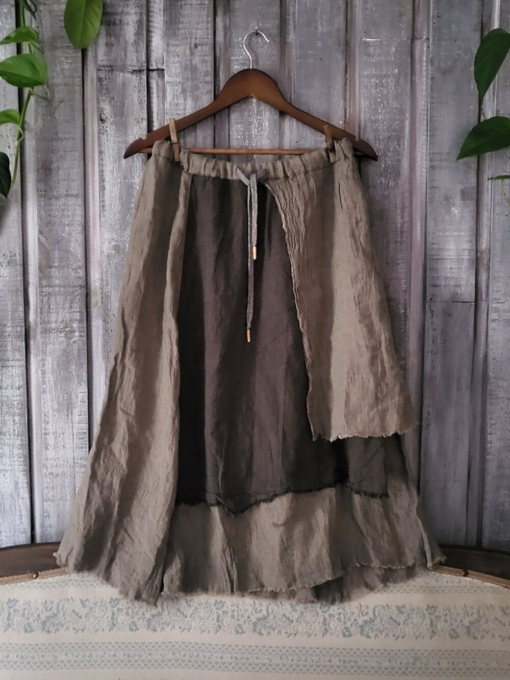 Mori Kei Linen Patchwork Midi Skirt Rustic Brown Fall Casual Raw Edges M NWOT